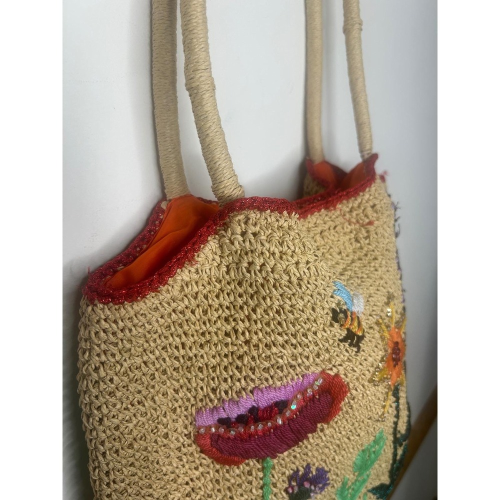Petro Zillia Vintage Floral Embroidered Straw beaded Tote Bag Womens - Picture 7 of 14